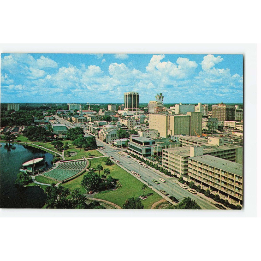 Vintage Orlando Florida Lake Eola Bandshell Downtown Aerial Postcard Bob Wasman